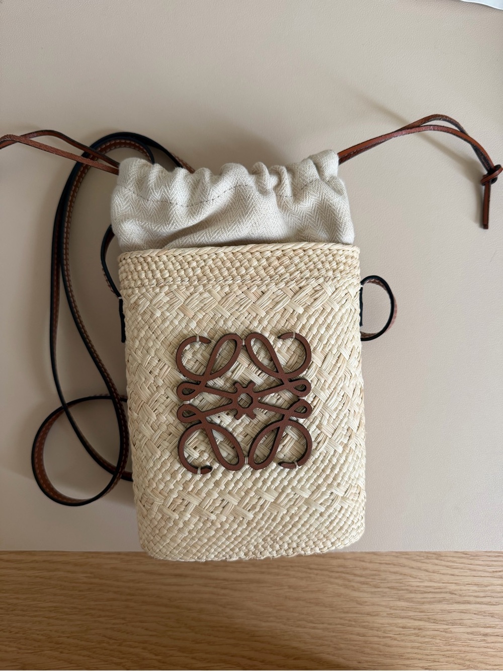 Loewe Cream Woven Straw Crossbody with Brown Leather Anagram
